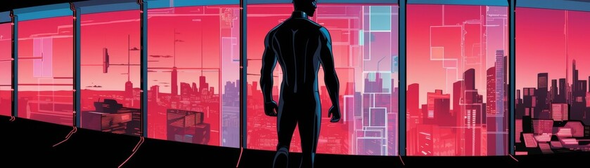 An arrow flying through a sequence of comic book panels, interacting with the characters in this innovative illustration