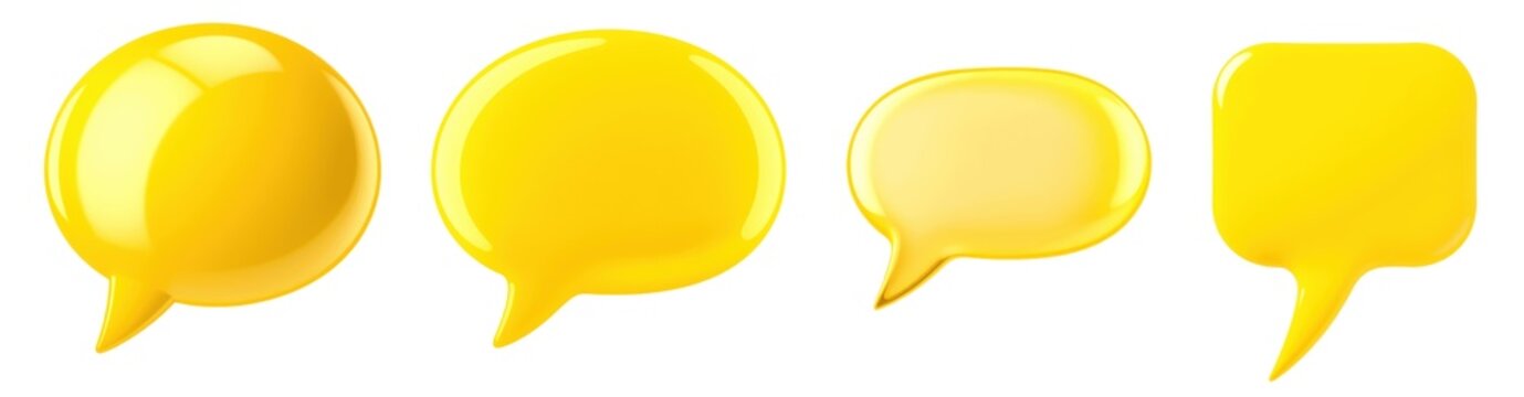 set of glossy yellow speech bubbles isolated on transparent background