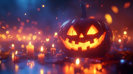 Fototapeta premium A glowing magic pumpkin with floating candles, creating a cool and mysterious Halloween atmosphere