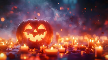A glowing magic pumpkin with floating candles, creating a cool and mysterious Halloween atmosphere