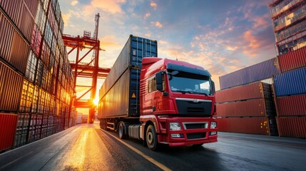Semi trailer Trucks and Containers Cargo Shipping. Handling of Logistics Transportation Industry. Cargo Container ships, Freight Truck Import-Export.