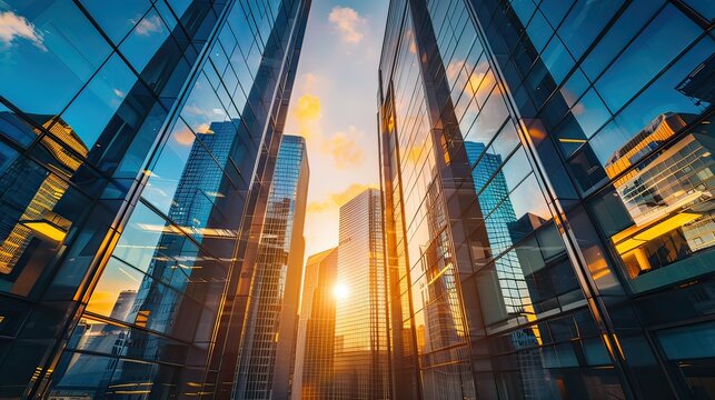 High-rise buildings with glass facades reflecting the sunset in a bustling business district 