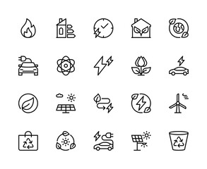 Energy saving vector linear icons set. Contains such energy saving icons as solar panels, wind turbines, smart house and more.