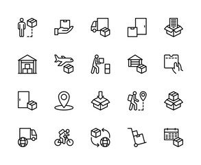 Cargo delivery vector linear icons set. Contains such cargo delivery icons as delivery, courier, box, truck, delivery service and more.