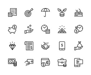 Money savings and finance vector linear icons set. Contains such icons as expenses, income, financial goals, economy and more.