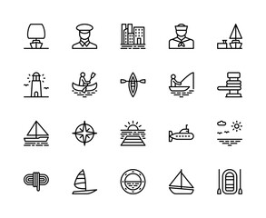 Travel by sea vector linear icons set. Contains such travel by sea icons as sailboat, cruise, travel by sea, boat and more.