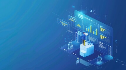 A businessman stands on a platform in front of a large screen displaying data visualizations, representing data analysis and business intelligence.