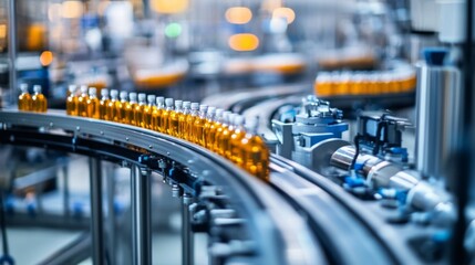 Obraz premium Modern automated factory assembly line for bottling beverages. Advanced industrial equipment and machinery emphasize efficiency, automation, and high-tech manufacturing processes in sterile