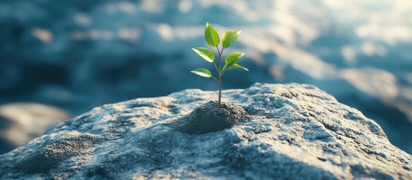 Business struggle metaphor illustrating a green sapling thriving on a barren rock symbolizing resilience and growth in a challenging environment depicted in a 3D illustration style