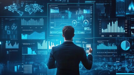 Businessman analyzing data on a large interactive screen filled with graphs and charts.