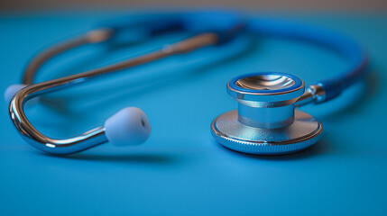 A medical instrument is shown on a blue background. The stethoscope is blue and silver