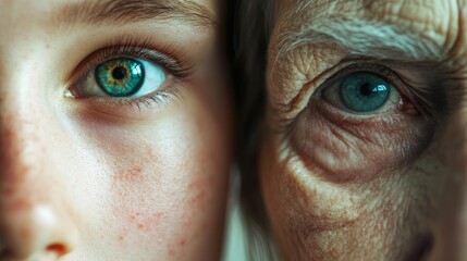 Naklejka premium Close-up of young and old eyes side by side, human aging concept