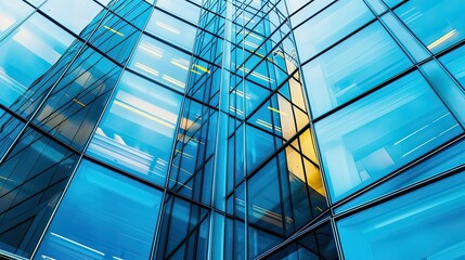 Close-up of the facade of a sleek, contemporary office tower with blue glass windows 