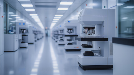 A large room with many microscopes and a white machine in the middle. The room is very clean and organized
