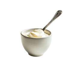 Transparent A white bowl with a spoon in it filled with a white creamy substance