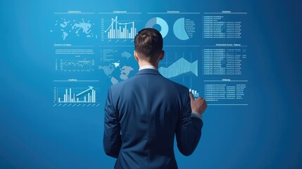 A businessman in a suit interacts with a large screen displaying various graphs and charts, analyzing data and making decisions.