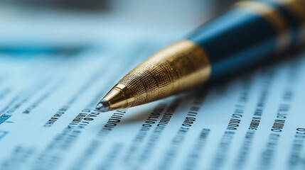 A pen is on top of a piece of paper with a lot of writing on it. The pen is gold and blue, and it is the only object in the image. The writing on the paper is very detailed and complex