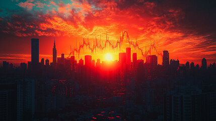 Fototapeta premium A city skyline with a red sun in the sky. The sun is setting and the sky is filled with clouds
