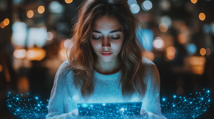 A woman is looking at a tablet with a blue screen. The blue screen is surrounded by a glowing, star-like pattern. The woman is focused on the tablet, possibly reading or using it for some purpose
