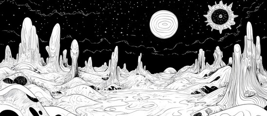 Alien fantasy landscape coloring page for adults featuring psychedelic graphics 2d illustration with a hand drawn flat design © DigitalDruid