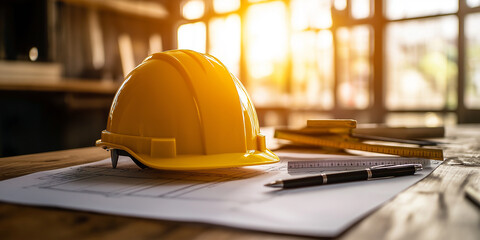 Safety helmet on house plan, Portrait professional Engineer, engineer woman are on duty