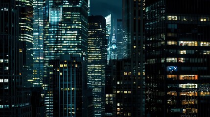 Nighttime city scene with illuminated skyscrapers and office windows glowing 