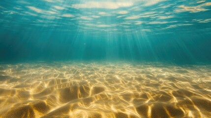 Naklejka premium Seabed of golden sand beneath a calm, tropical ocean, illuminated by the summer sun, casting beautiful light patterns underwater.
