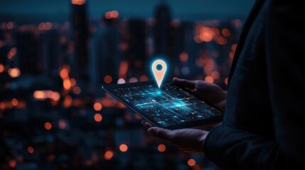 Businessperson holding a tablet with a glowing location pin icon against a city backdrop.
