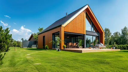 Contemporary A-frame house with wooden siding and a green lawn under a clear blue sky. 