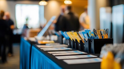 Conference Event Name Tags and Pens on a Blue Tablecloth