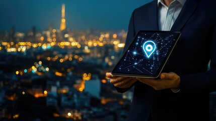 Businessman holding tablet with glowing location pin icon over a cityscape at night.