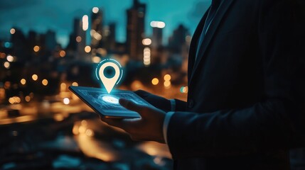 A businessman uses a tablet with a glowing location pin icon to navigate through a city at night.