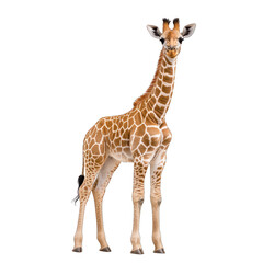 Obraz premium A stunning giraffe standing tall, showcasing its unique pattern and long neck in a vibrant natural setting. transparent background