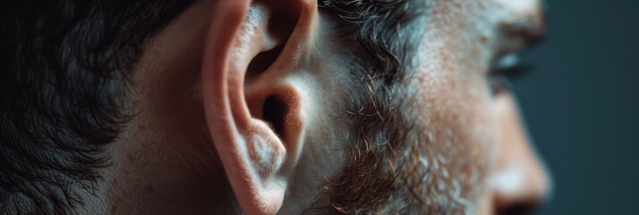 Human ear closeup, male ear macro photo, detailed human auricle anatomy, auditory organ, wiretapping