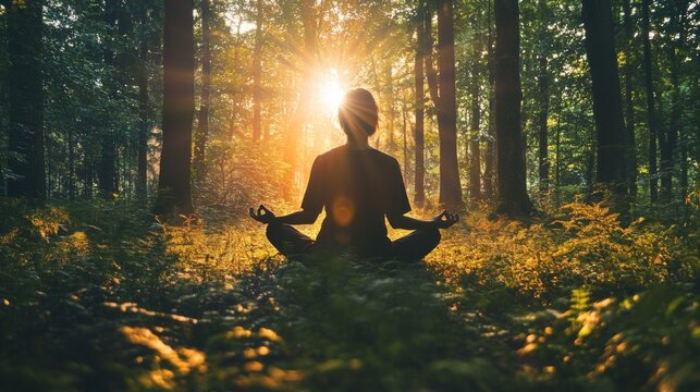 Person meditating in a sunlit forest, symbolizing the tranquility and healing aspects of forest bathing and ecotherapy - Powered by Adobe