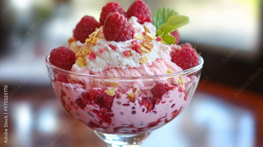 Poster raspberry ice cream sundae topped with fresh fruit slices