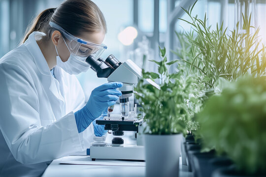 The image depicts a scientist examining samples under a microscope in a laboratory, surrounded by plants.