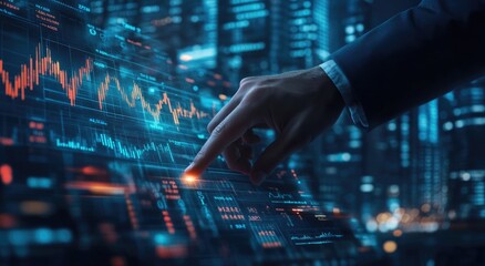 Hand pointing at a data visualization screen, highlighting important information, showing data analysis and innovation.