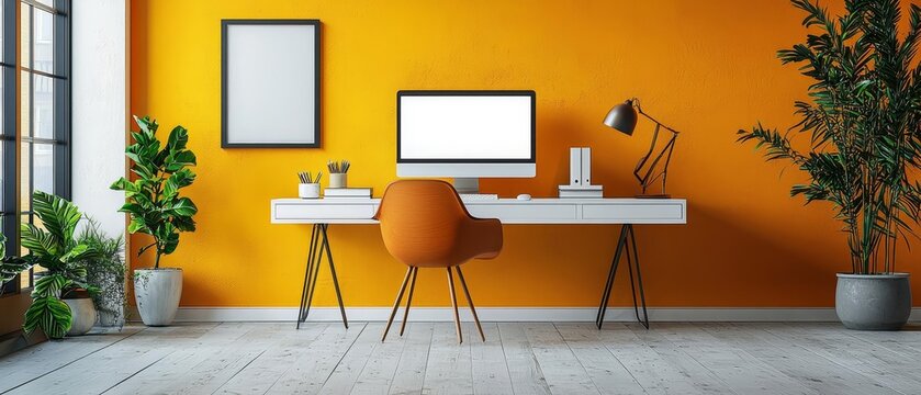 A modern office setup showcasing AI in business tools on a computer screen and inclusive hiring practices resources on the desk A blank wall is left for text