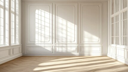 Fototapeta premium Sunlight streams through large windows in a spacious white room with hardwood floors and intricate molding.