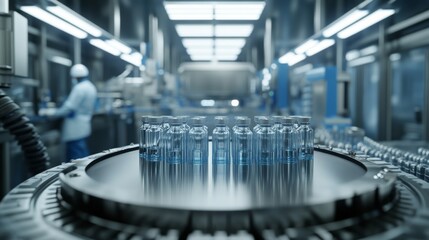 Pharmaceutical factory with automated machinery for production of medical supplies. Vaccine bottling process inside a high-tech lab