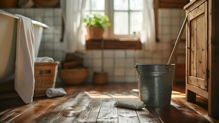 a bucket with a mop standing inside a freshly cleaned, cozy country-style bathroom