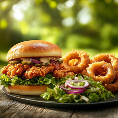 an appealing of fast-food sets, cheeseburger and sandwich combo set of golden fries, and a chilled cola on a sleek tray.