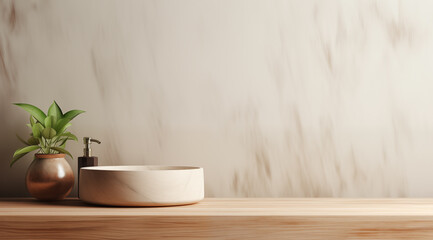 Wooden tabletop, empty podium product display, over blurred wall background with soap, washbasin. Presentation, advertising, mockup, showcasing.