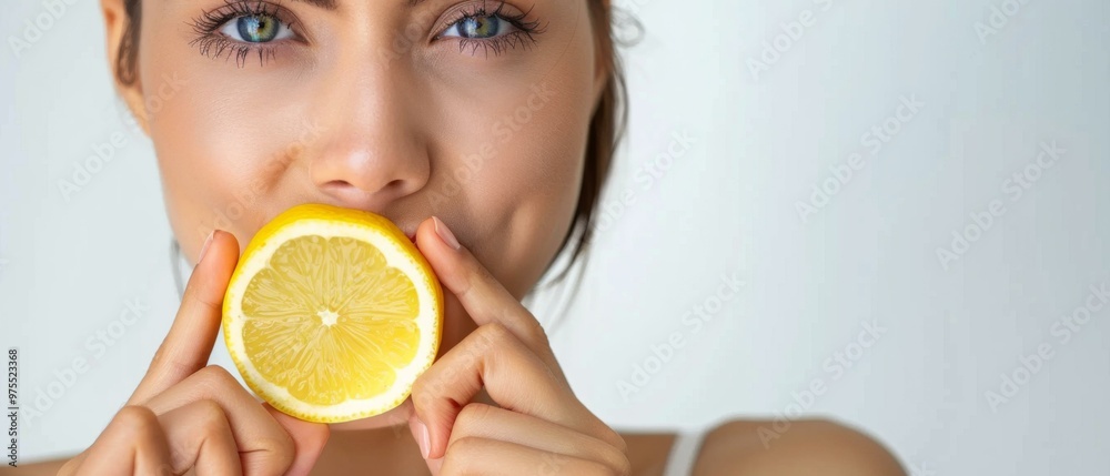 Poster A woman holding a lemon slice to her mouth. AI.