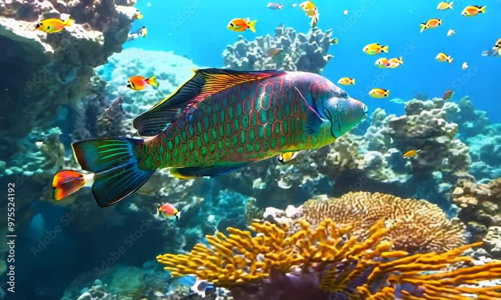 Sticker Colorful parrotfish grazing on algae-covered rocks, Video