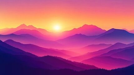 Obraz premium Vector artwork of a mountain landscape at sunset, with vibrant pinks, purples, and oranges creating a peaceful, glowing scene.