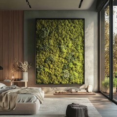 A bedroom with a green wall and a green plant wall