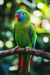 Naklejka premium Green Parrot on Tree Branch