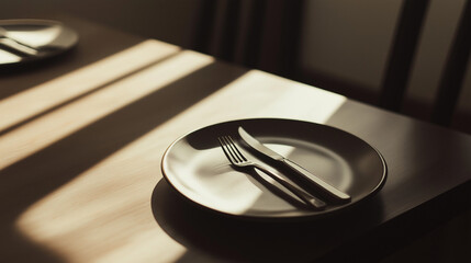 Empty Plate with Cutlery on Wooden Table, Fasting Concept, Sunlight and Shadows